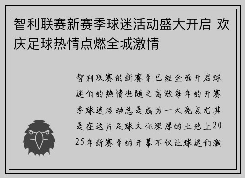 智利联赛新赛季球迷活动盛大开启 欢庆足球热情点燃全城激情