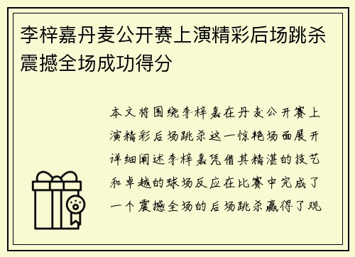 李梓嘉丹麦公开赛上演精彩后场跳杀震撼全场成功得分