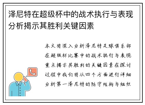 泽尼特在超级杯中的战术执行与表现分析揭示其胜利关键因素 泽尼特在超级杯中的战术执行与表现分析揭示其胜利关键因素