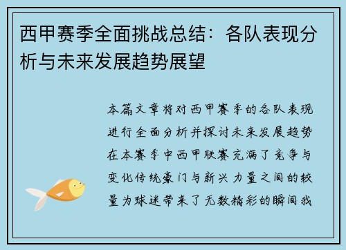 西甲赛季全面挑战总结：各队表现分析与未来发展趋势展望