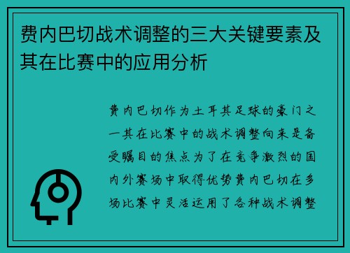 费内巴切战术调整的三大关键要素及其在比赛中的应用分析