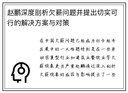 赵鹏深度剖析欠薪问题并提出切实可行的解决方案与对策 赵鹏深度剖析欠薪问题并提出切实可行的解决方案与对策