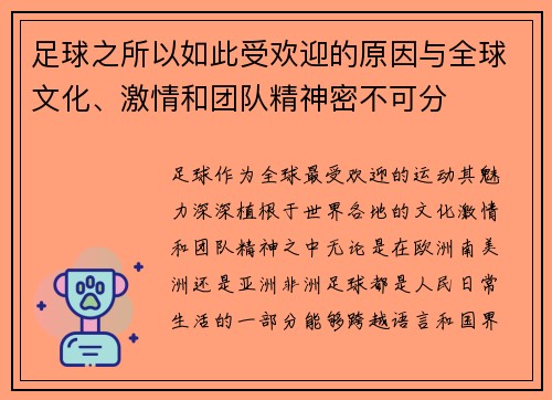足球之所以如此受欢迎的原因与全球文化、激情和团队精神密不可分 足球之所以如此受欢迎的原因与全球文化、激情和团队精神密不可分